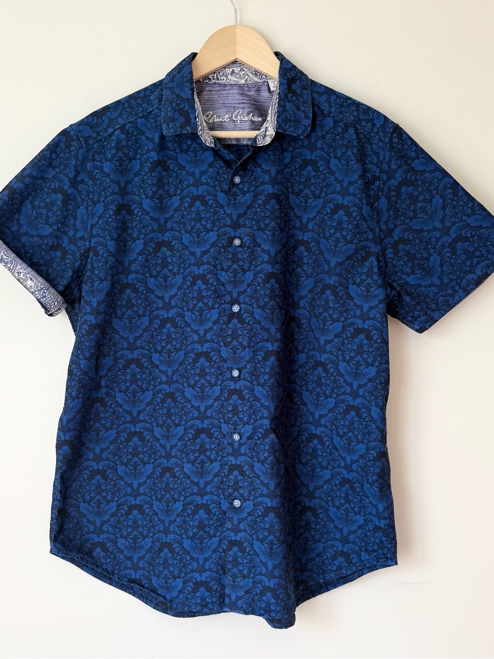 Robert Graham Damask Floral Blue Short-Sleeve Button-Up Shirt Large